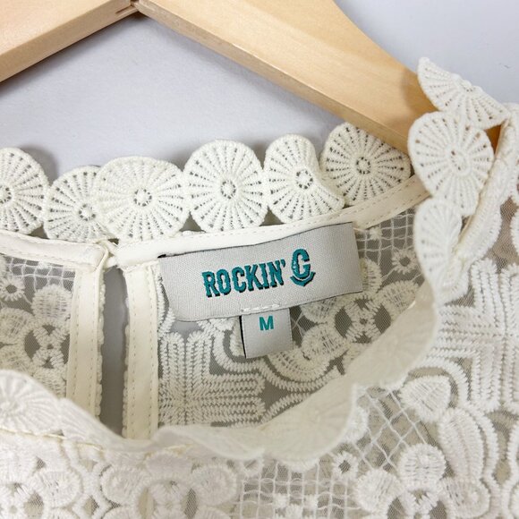 Rockin' C Ivory Embroidered Lace Top Boho Cottagecore Size Medium Women's - Picture 4 of 4